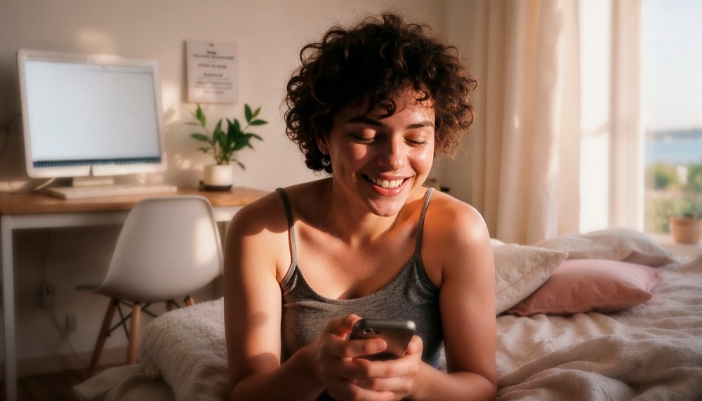 Mulher de cabelo cacheado sorrindo ao ler o celular, sentada na cama de um quarto iluminado pelo sol